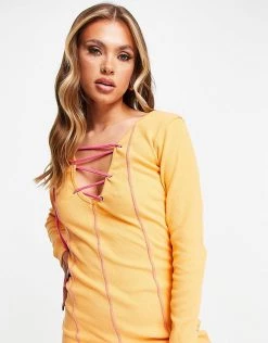 Best deal 👏 Public Desire Lace Up Bodycon Mini 👗 Dress With Contrast Stitch In Orange For Women ❤️ -Outlet Women's Public Desire Store unnamed file 627