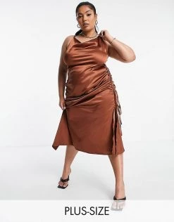Best deal 🎁 Public Desire Curve X Amber Gill Satin Strappy Cami Midi 👗 Dress With Ruched Side Detail In Chocolate For Women 🤩