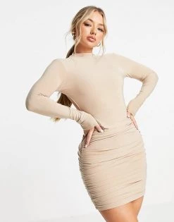 Wholesale ⭐ Public Desire Ruched Mini 👗 Dress In Stone For Women 🧨 -Outlet Women's Public Desire Store unnamed file 662