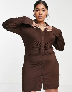 New 🛒 Public Desire Curve Gathered 👚 Shirt 👗 Dress In Brown For Women 🛒 -Outlet Women's Public Desire Store unnamed file 678