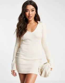 New 🔥 Public Desire Rib Mini 👗 Dress With Flare Sleeves In Peach For Women 💯 -Outlet Women's Public Desire Store unnamed file 684