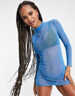 Top 10 🔔 Public Desire Mesh Beach Mini 👗 Dress With Lettuce Detailing In Blue For Women 🤩 -Outlet Women's Public Desire Store unnamed file 698