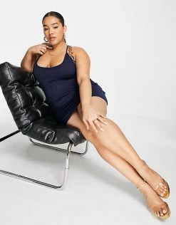 Budget 🌟 Public Desire Curve Double Layered Slinky Cross Back Mini 👗 Dress In Navy For Women 🥰 -Outlet Women's Public Desire Store unnamed file 798