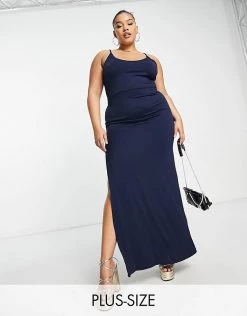 Wholesale ✨ Public Desire Curve Double Layer Slinky Cami Thigh Split Maxi 👗 Dress In Navy For Women Midnight Navy 🎁