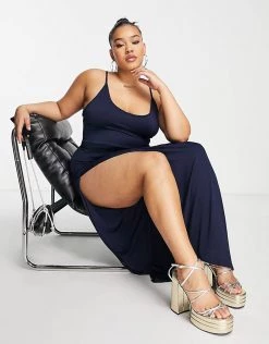 Wholesale ✨ Public Desire Curve Double Layer Slinky Cami Thigh Split Maxi 👗 Dress In Navy For Women Midnight Navy 🎁 -Outlet Women's Public Desire Store unnamed file 842