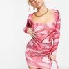 Best Pirce 🎁 Public Desire Double Layer Slinky Square Neck Mini 👗 Dress In Fuschia Swirl For Women 👍