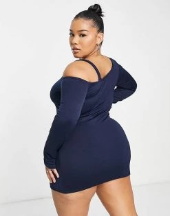 Budget ✔️ Public Desire Curve Double Layer Slinky Cold Shoulder Mini 👗 Dress In Midnight For Women ✨ -Outlet Women's Public Desire Store unnamed file 872