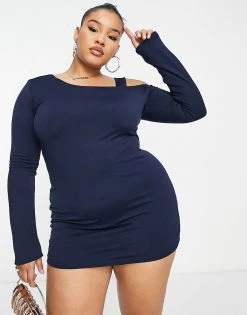 Budget ✔️ Public Desire Curve Double Layer Slinky Cold Shoulder Mini 👗 Dress In Midnight For Women ✨ -Outlet Women's Public Desire Store unnamed file 873