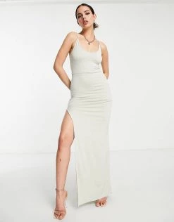 Coupon ๐ Public Desire Double Layer Slinky Cami Thigh Split Maxi ๐ Dress In Fog For Women ๐ฏ