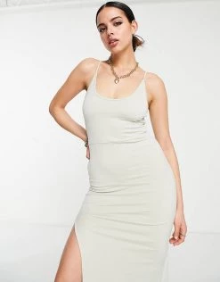 Coupon 😀 Public Desire Double Layer Slinky Cami Thigh Split Maxi 👗 Dress In Fog For Women 💯 -Outlet Women's Public Desire Store unnamed file 892