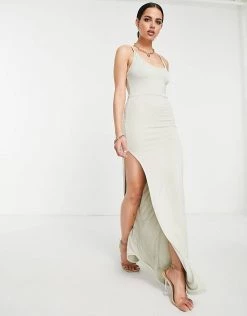 Coupon 😀 Public Desire Double Layer Slinky Cami Thigh Split Maxi 👗 Dress In Fog For Women 💯 -Outlet Women's Public Desire Store unnamed file 893