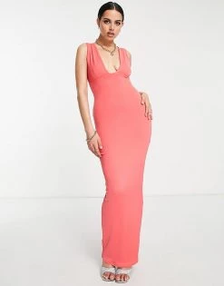 Hot Sale 🥰 Public Desire Double Layer Slinky Plunge Maxi 👗 Dress In Magenta For Women 😀
