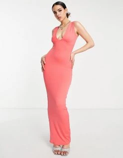 Hot Sale 🥰 Public Desire Double Layer Slinky Plunge Maxi 👗 Dress In Magenta For Women 😀 -Outlet Women's Public Desire Store unnamed file 898