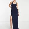 Budget 😉 Public Desire Double Layer Slinky Cami Thigh Split Maxi 👗 Dress In Navy For Women 😍 -Outlet Women's Public Desire Store unnamed file 915