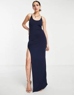 Budget ๐ Public Desire Double Layer Slinky Cami Thigh Split Maxi ๐ Dress In Navy For Women ๐
