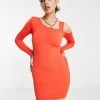Best deal 🥰 Public Desire Double Layer Slinky Cold Shoulder Mini 👗 Dress In Orange For Women Red ✔️