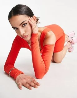 Best deal 🥰 Public Desire Double Layer Slinky Cold Shoulder Mini 👗 Dress In Orange For Women Red ✔️ -Outlet Women's Public Desire Store unnamed file 942