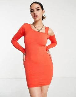 Best deal 🥰 Public Desire Double Layer Slinky Cold Shoulder Mini 👗 Dress In Orange For Women Red ✔️ -Outlet Women's Public Desire Store unnamed file 944