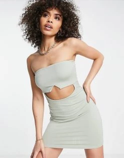 Best Sale 👍 Public Desire Slinky Bandeau Cut Out Double Layer Mini 👗 Dress In Sage Green For Women 🤩